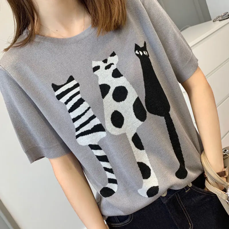 

2021 new jacquard lazy loose thin knitting short sleeve T-shirt for women