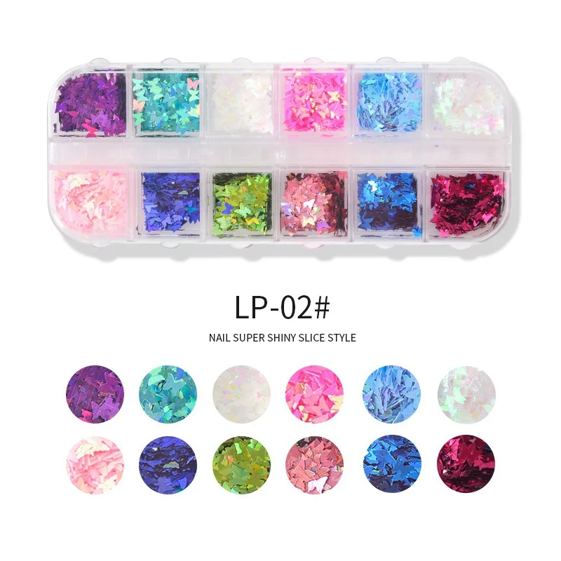 

DIY Epoxy Resin Laser Nail Art Butterfly Sequins 12 Grid Long Strip Box Nail Sequins Butterfly Round Color Nail Art Accessorie