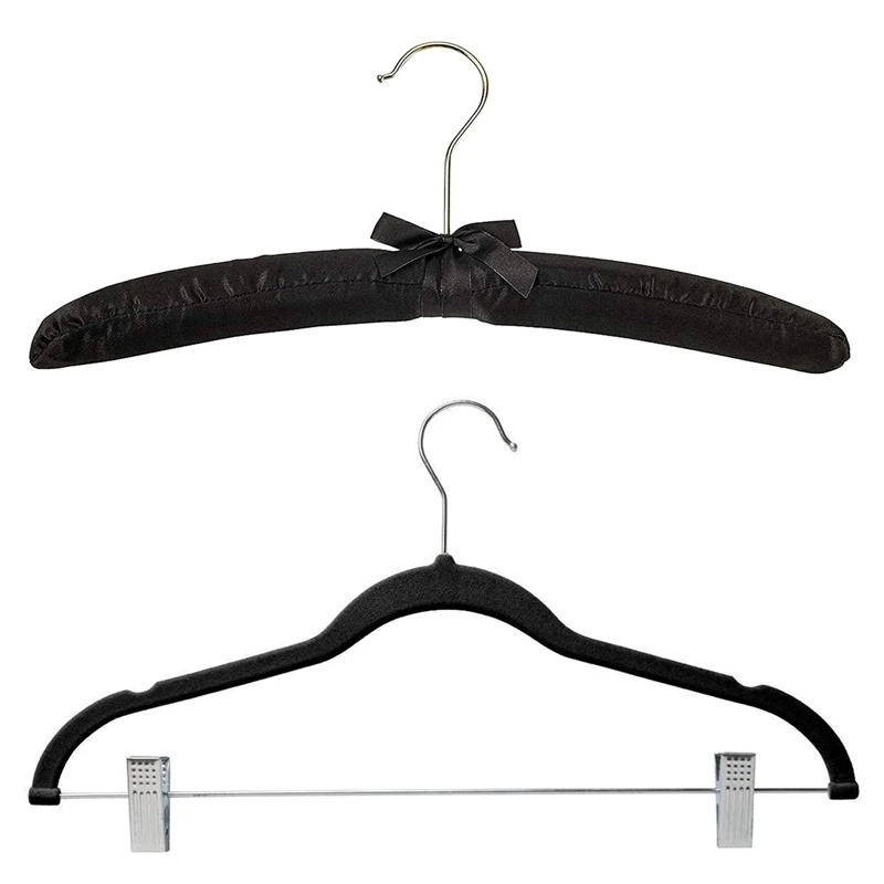 

10 Pack Clothes Hangers with Clips Black Velvet Hangers & 12pcs 15Inch Large Satin Padded Hangers with Gold Hooks
