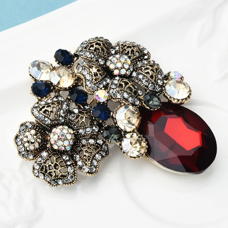 

Wuli&baby Red Crystal Flower Brooches Women Vase Flower Party Office Brooch Pins Gifts