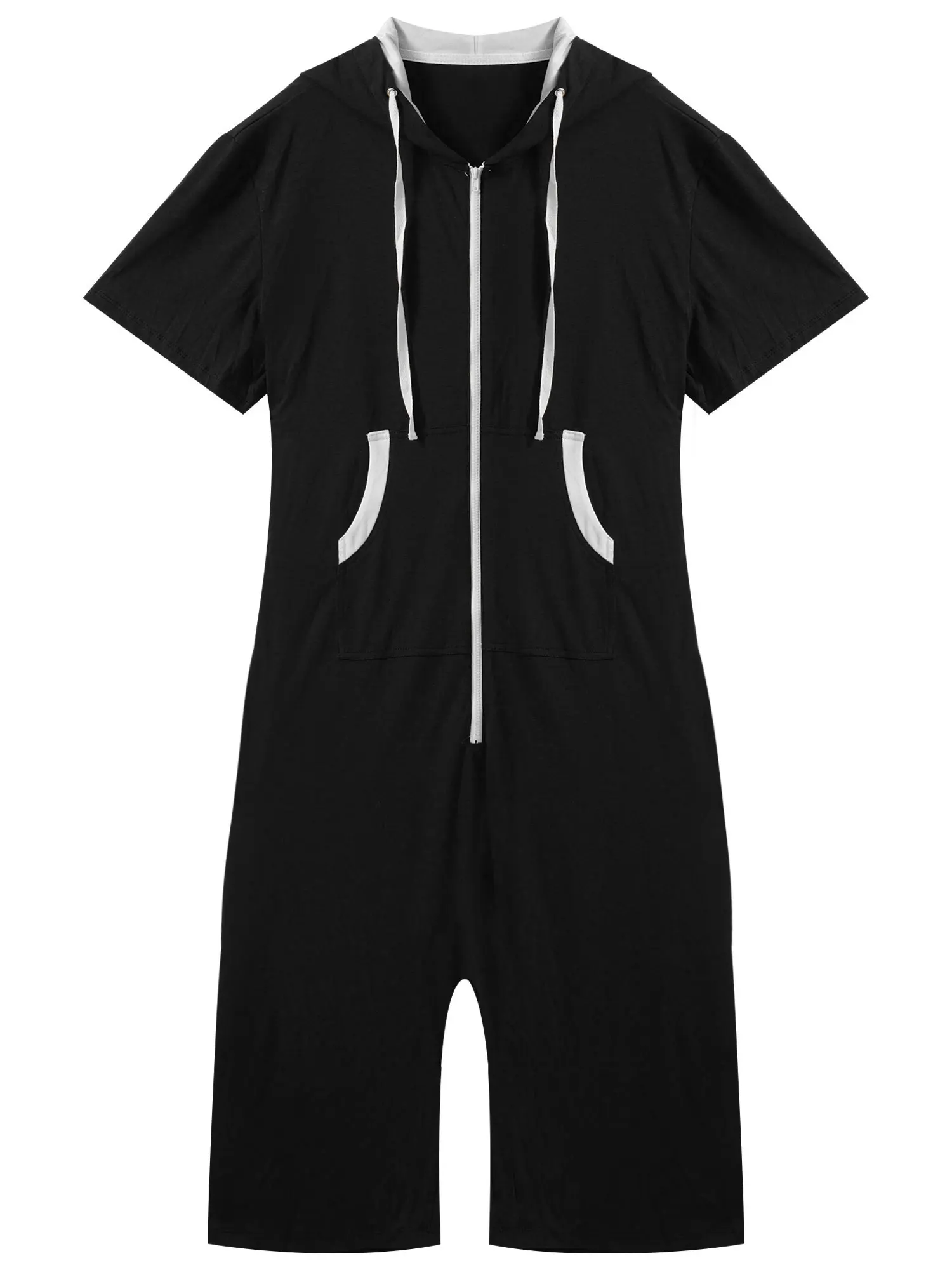 Mens Rompers Hooded Tracksuit Loungewear Casual Short Sleeve Zipper One Piece Jumpsuit Pajamas Sleepwear