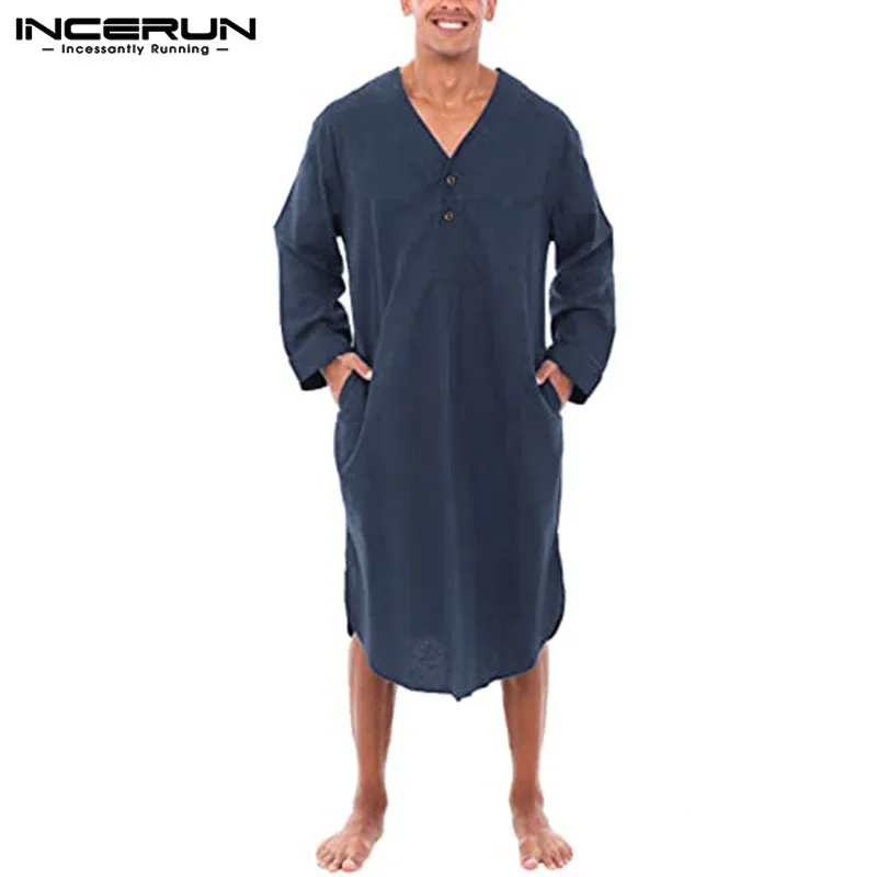 

INCERUN Cotton Men Sleep Robes Solid Color V Neck Long Sleeve Fashion Nightgown Cozy Homewear Leisure Loose Mens Bathrobes S-5XL