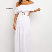 womens summer off shoulder short sleeve solid color bandage casual party dating holiday maxi dresses