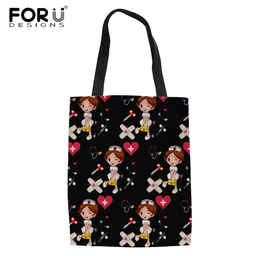 

Black Cartoon Nurse Women Lovely Shoulder Bag Reusable Ladies Cartoon Pattern Canvas Shopping Hand Bags Bolso Mujer