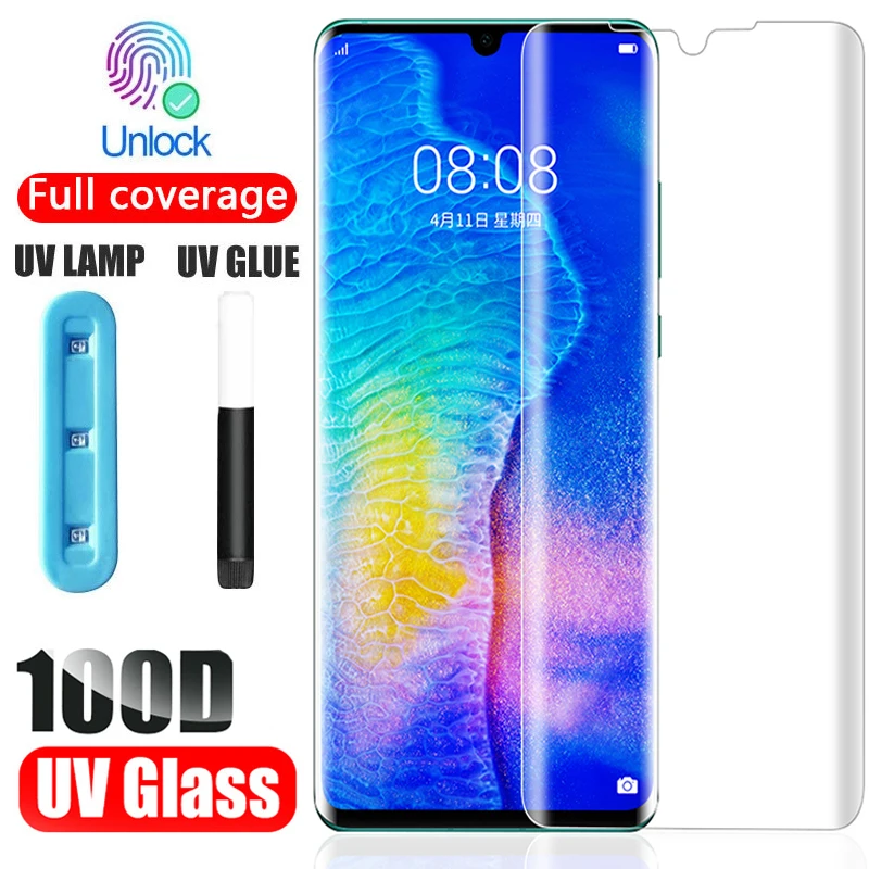 

UV Tempered Glass For Huawei p50 Pro Full Glue For Huawei mate 40 pro P30 P40 + Nova 7 8 pro honor 30 pro Screen Protector film