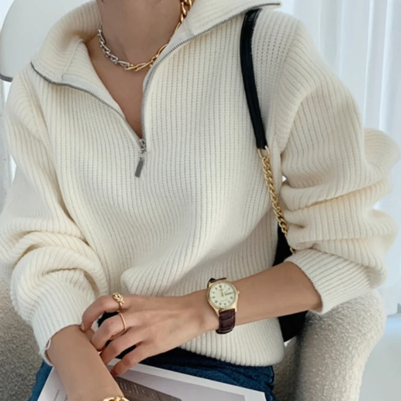 

Winter Women's Pullover Sweater Women Turtleneck Zipper Turn Down Soft Beige Knitted Oversize Jumper Loose Vintage Warm Sweaters