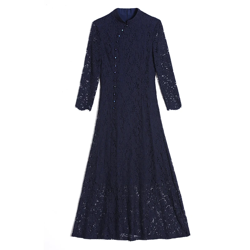 

2021 Spring Classy Vintage Blue Lace Midi Dresses Autumn Korean Solid 3XL Plus Size Vestido Women Bodycon Chinese Style Dresses
