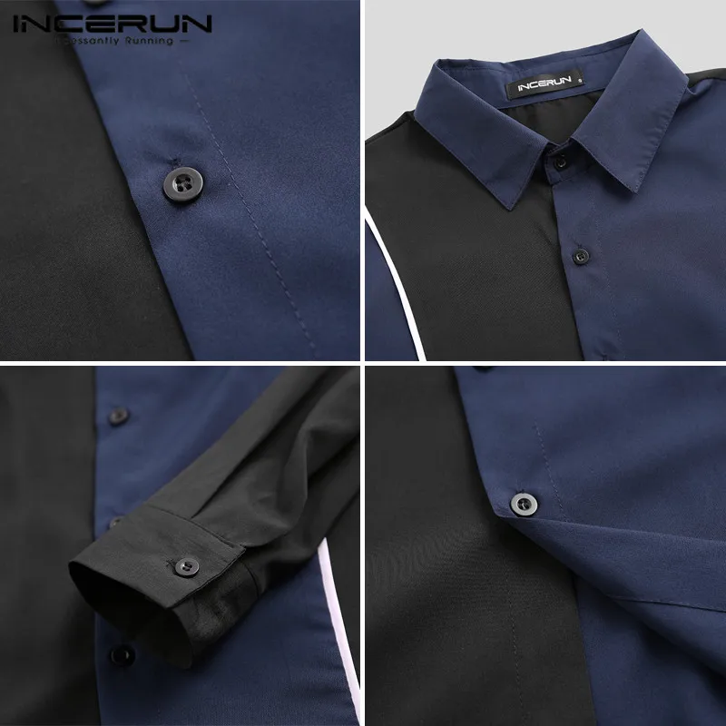 

INCERUN Fashion Patchwork Men Shirt Long Sleeve Lapel 2021 Button Tops Camisa Street Casual Business Mens Dress Shirts Brand 3XL