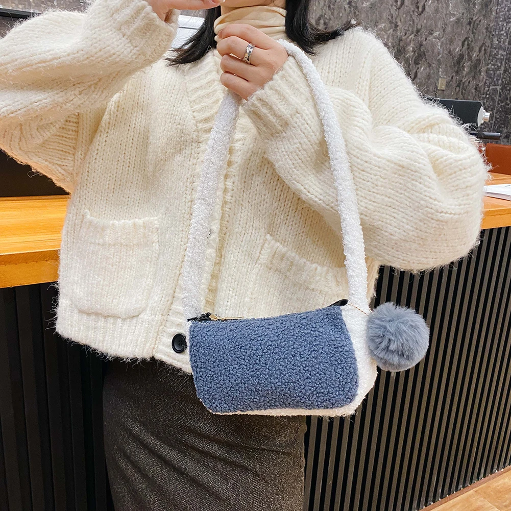 

Women Autumn Winter Woolen Underarm Shoulder Bags Fashion Hit Color Small Handbags Women Casual Hairball Pendant Top-handle Bag