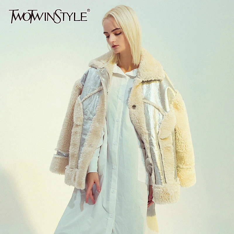 TWOTWINSTYLE женские меховые пальто в стиле пэчворк воротник с лацканами длинный рукав