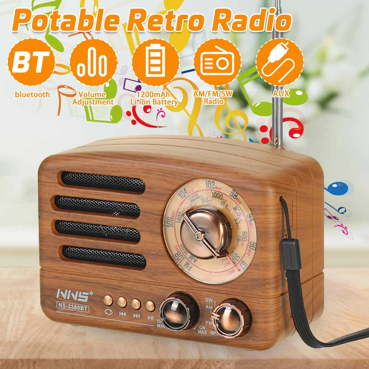 

Classical Retro Radio Receiver Portable Mini Wood FM SD MP3 Radio Stereo Bluetooth Radio Speaker AUX USB Rechargeable Radio