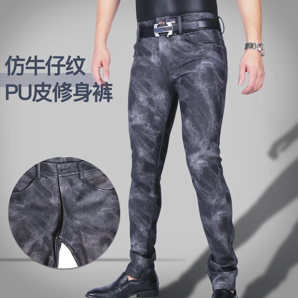 Мужские сексуальные брюки из искусственной кожи обтягивающие бархатные теплые