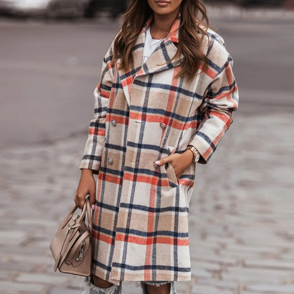 

Autumn And Winter Women's New Fashion Jacket Wild Long-sleeved Lapel Plaid Loose Long Jacket Overcoat Tops
