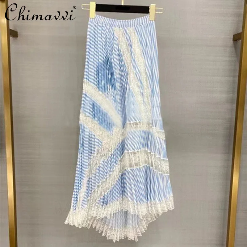 Casual Elegant Fashion Women Striped Lace Ruffled Patchwork Pleated Skirt Lady High Waist All-match Long Blue Skirt