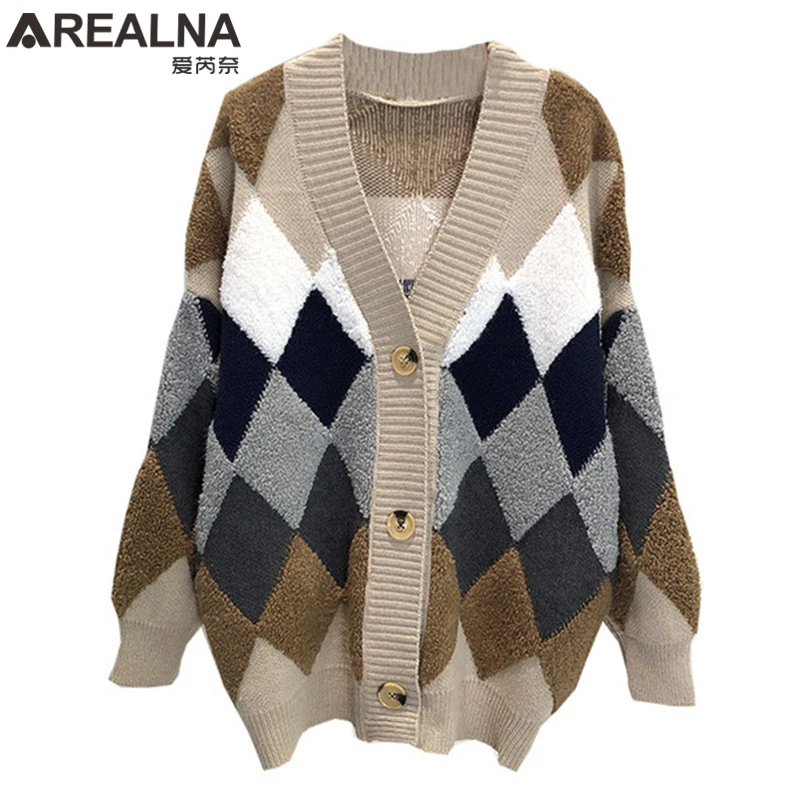 

Chic Women Sweaters Autumn Winter Korean Casual Plaid V-Neck Cardigan Single Breasted Puff Sleeve Loose Sweaters Coat Pull Femme