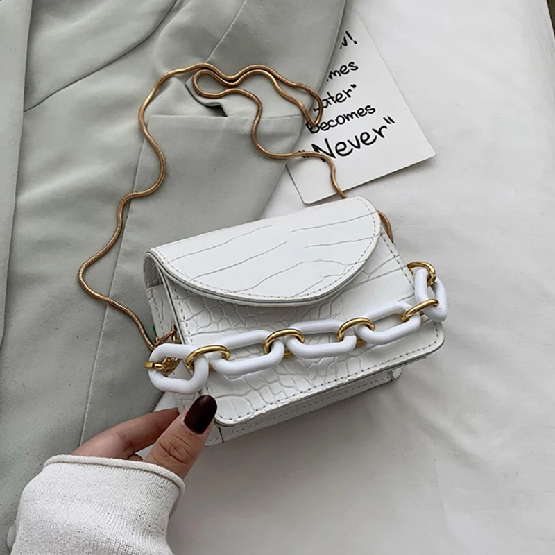 

Thick Chain Stone Pattern Mini PU Leather Crossbody Bags For Women 2021 Solid Color Shoulder Handbags Female Flap Bag Sac Femme