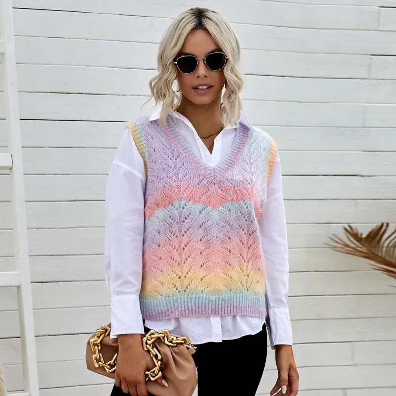 

Vest Female European and American Autumn Winter New V-neck Contrast TOP Pullover Knitted Sweater Straight Cylinder Type