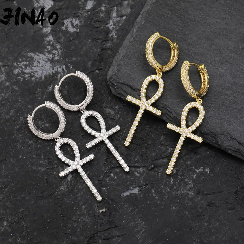JINAO Новый лед из ювелирных изделий в стиле хип хоп крест серьги золотистого и