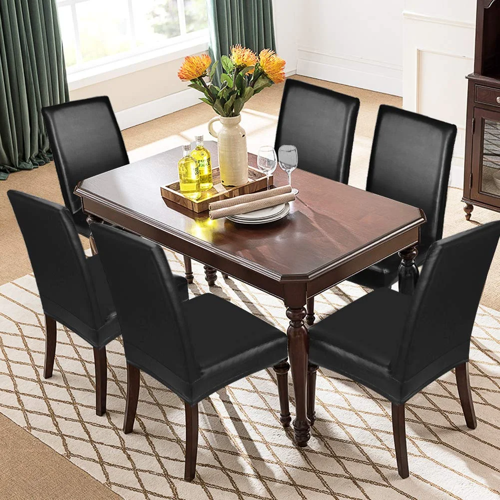 

Dining Chair Covers Solid Pu Leather Waterproof and Oilproof Stretch Dining Chair Protector Cover Slipcover black grey
