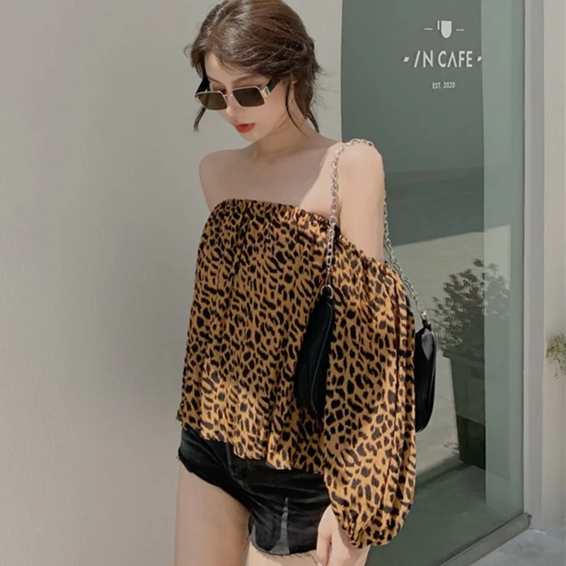 

Women Leopard Print Chiffon Blouses Sexy Solid Color Slash Neck Off Shoulder Tops Long Sleeve Shirt Blouses