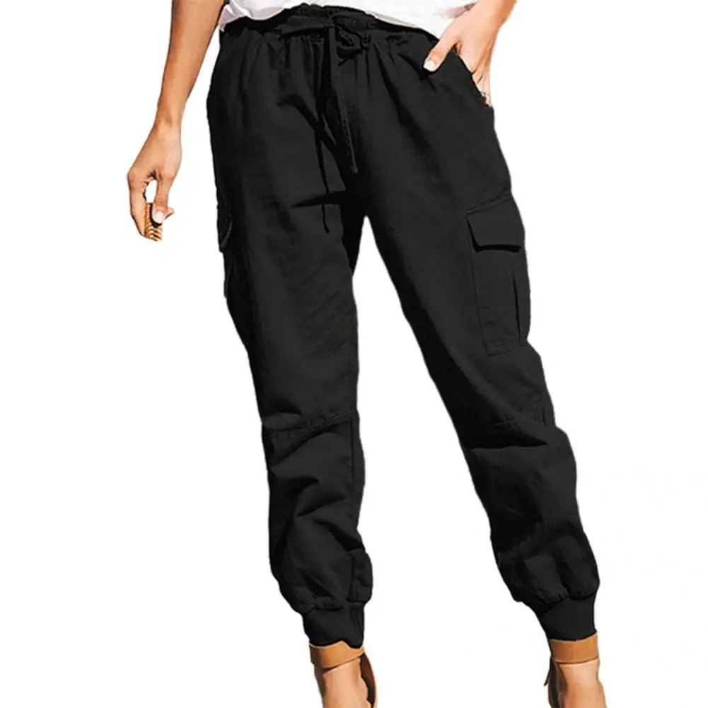 

Simple Women Pants Elastic Waist Straight Casual Pants Multi Pockets Casual Long Trousers