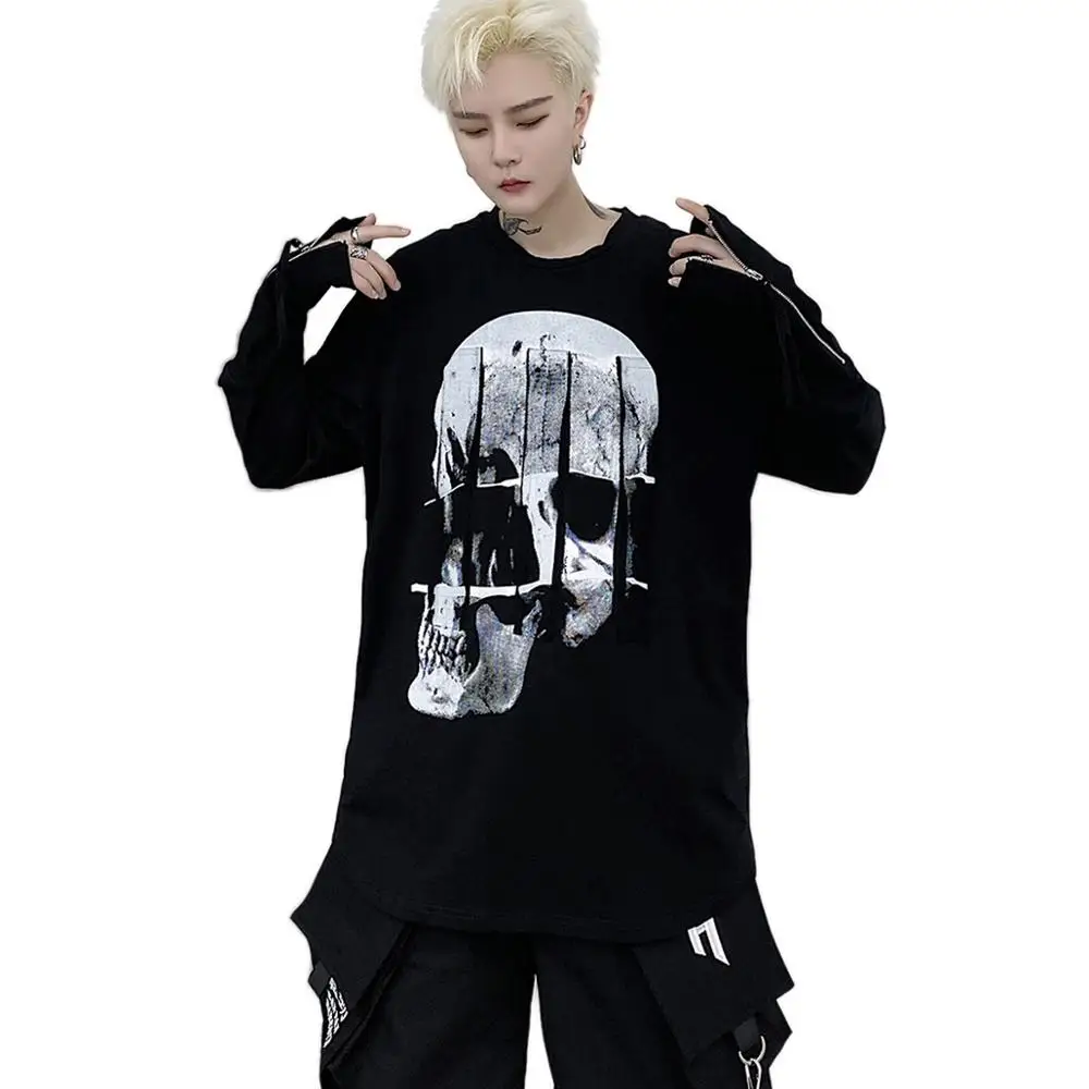 

New Arrival Black Element Skull Offset-Print O-Neck Men's Thin Pullover Sweatshirt Hip Hop Punk Individuality Fashion Trend Tops