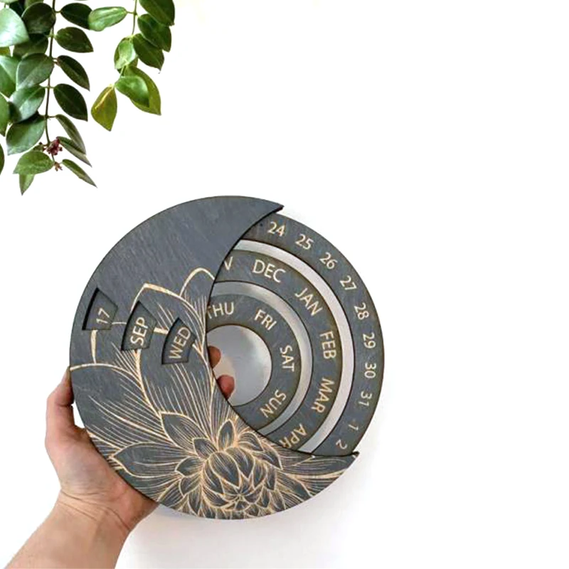 

1PC Creative Round Calendar Wall Mounted Wooden Perpetual Calendar 10 Inch Study Room Christmas New Year Gift Handicraft Decor