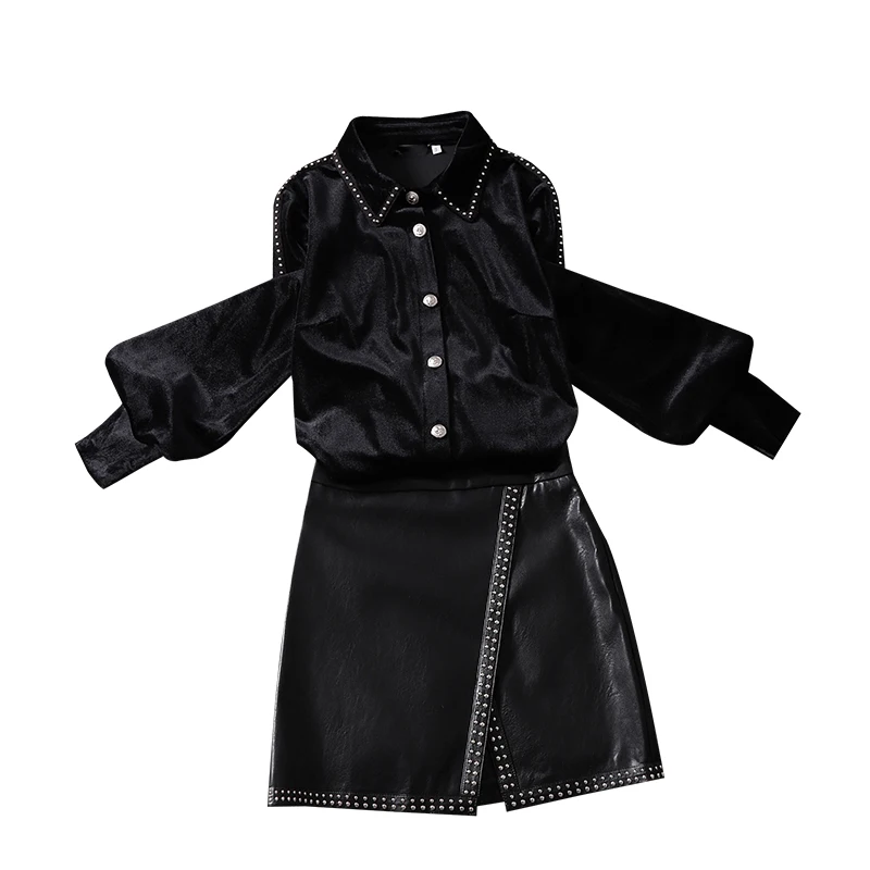 

2020 autumn new office lady elegant skirts sets chiffon lantern sleeved blouse and mini black skirts female skirts suits