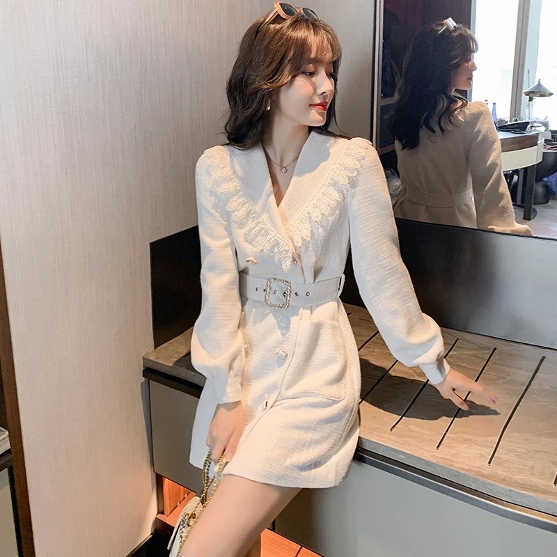 Temperament OL Short White Tweed Dress 2020 Autumn New Lace Trim Notched Double breasted Lantern Sleeve Blazer Dresses Women | Женская