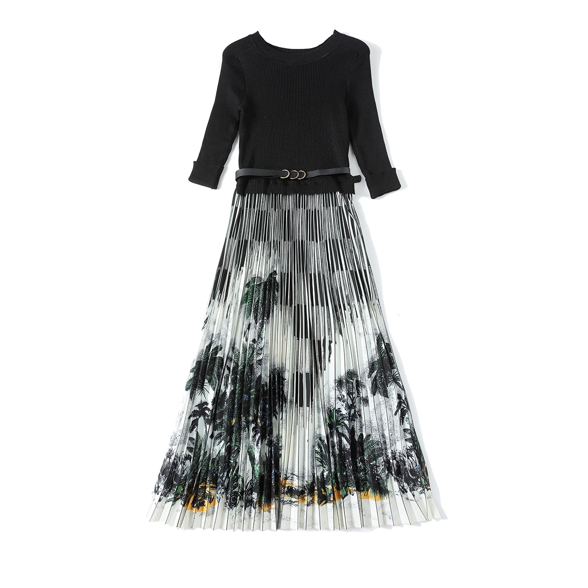 

Simgent Knitting Patchwork Pleated Dress Women Half Sleeve Print Elegant Vintage Dresses Robe Femme Vestidos SG16125