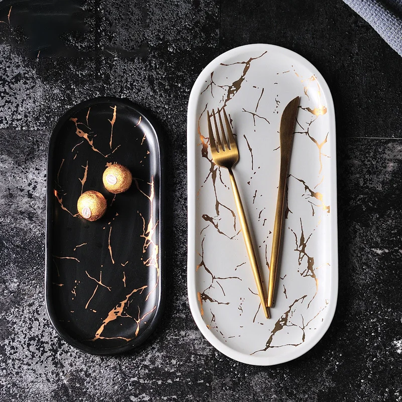 

Marble Ceramic Oval Plate Creative Dish Jewelry Storage Tray Fruit Pizza Plate Cookware Porcelain Sushi Tableware Wholesale