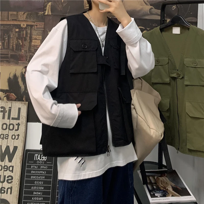 

Autumn And Winter Men's Solid Color Cargo Vest Korean Casual Fashion Loose Harajuku Streetwear Sleeveless Vest Retro Thick Vest