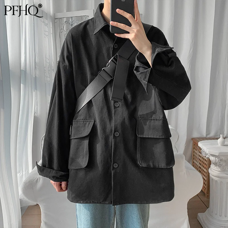 

Новинка 2021, рубашки PFHQ, Мужская модная свободная красивая рубашка в Корейском стиле с длинным рукавом и ремешком, модное осеннее пальто, 21E9834