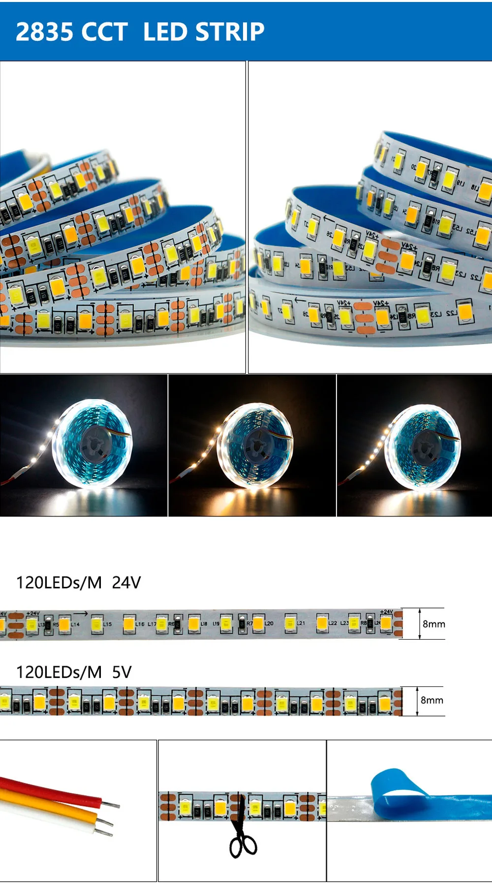 Светодиодная лента теплый белый свет 50 м 5 В два цвета 12 24 5050 2835