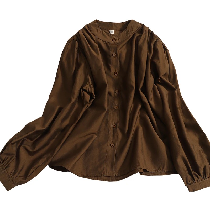 

Autumn new Elegant puff sleeve loose shirt breasted buttoned wild thin o neck shirt blouse Korean pure color simple top women