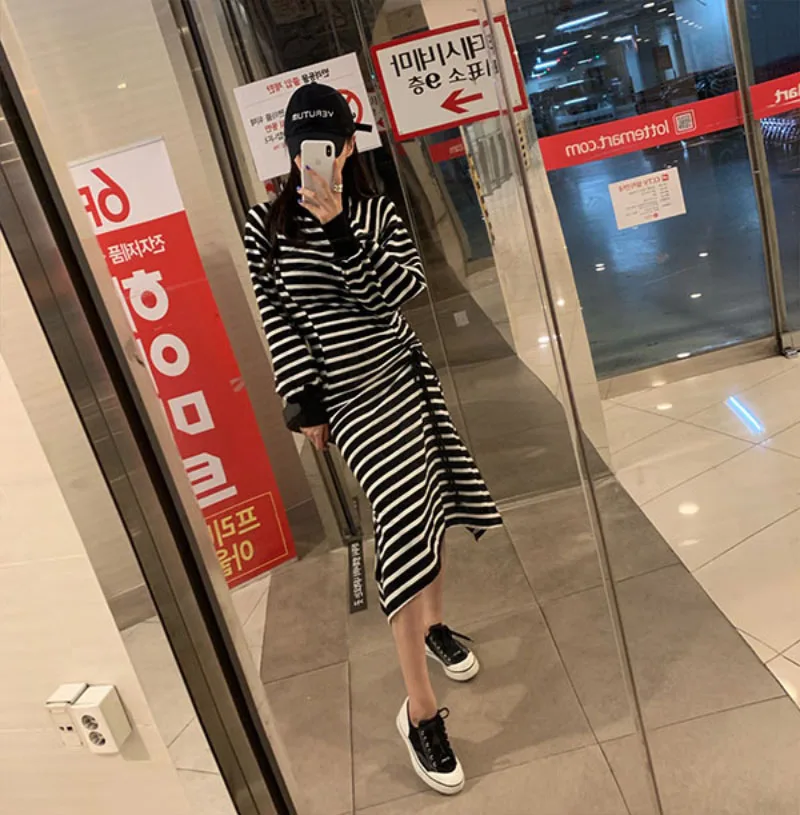 RUGOD Новое Осеннее длинное платье ropa mujer с круглым вырезом, в полоску, на шнуровке, тонкое асимметричное платье, модное женское Повседневное платье в Корейском стиле