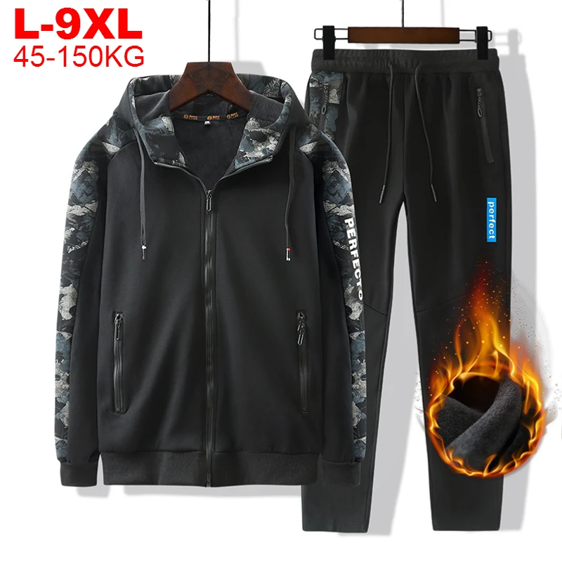 Men Set Warm Sportswear Thick Hooded Jacket+pants 2pc Sets Cashmere Hoodies Zipper Mens Tracksuits Sports Suit Plus Size 8xl 9xl