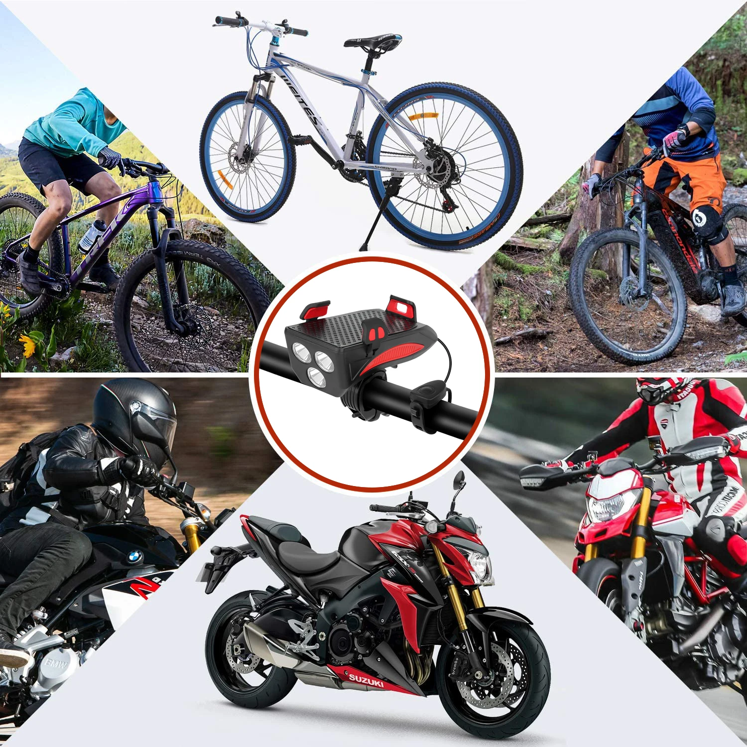 4 in1 bicycle light usb charging lighting cycling phone holders led headlight horn bell mtb power bank for bike accessories free global shipping