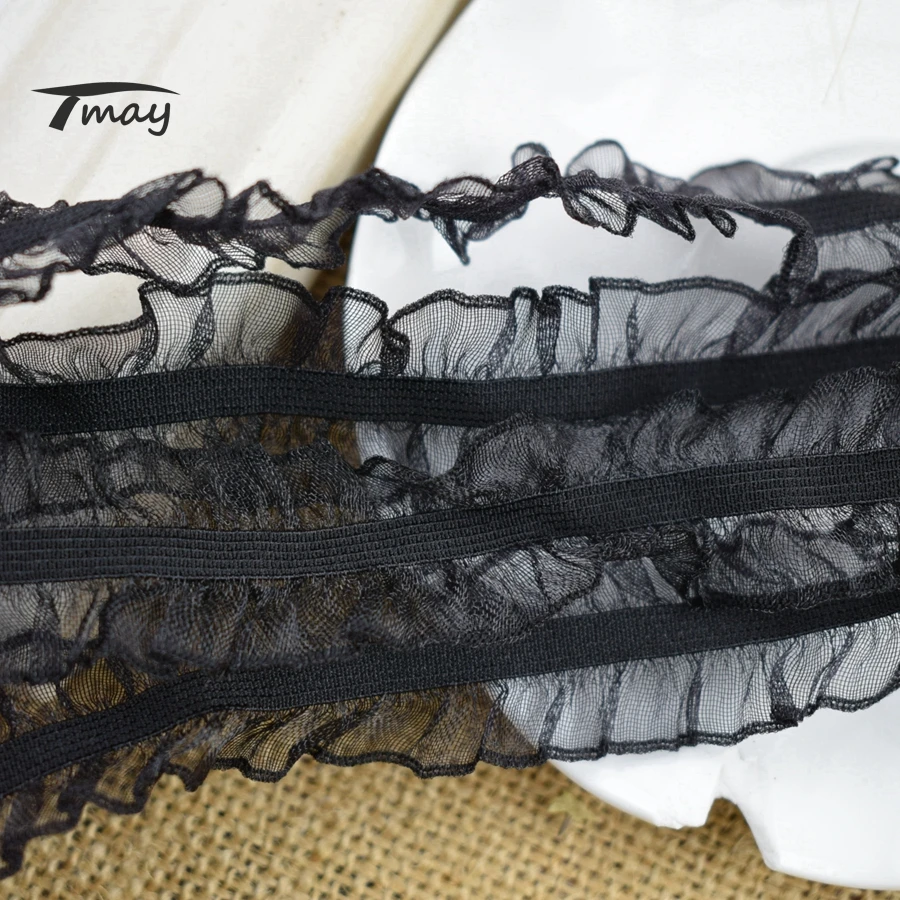 #1613 #1614 черный белый цвет гофрированные кружевные эластичные ленты 6 ярдов/партия