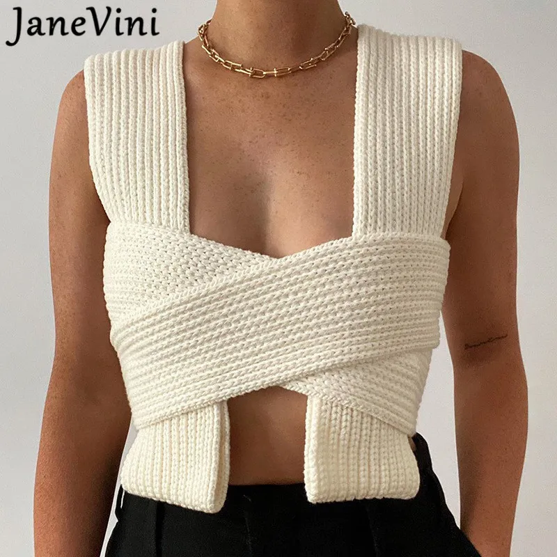

JaneVini Sexy Crop Tops Mujer Black Tank Top for Women Ladies Beige Green Short Knitted Spring Sweater Vest Sleeveless Lace-up