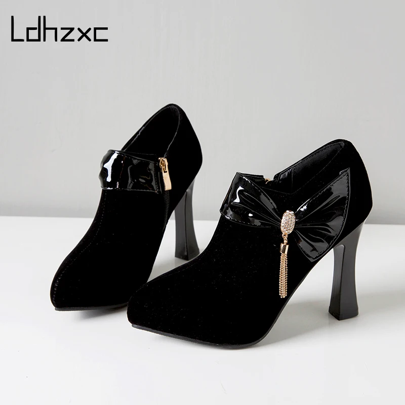

LDHZXC Deep Mouth Platform Pumps Flock Leather Women Shoes High Heels Shoes Ladies Office Party Shoe Plus Size 33-48