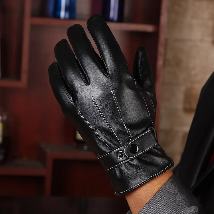 

Three Tendons PU Leather Winter Gloves Men's Winter Students Warm Plus Velvet Thick Motorcycle Winter Driving Touch Screen