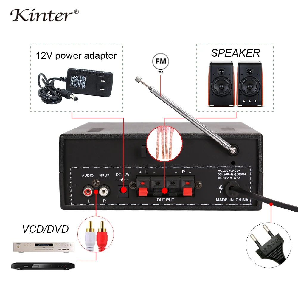 Kinter-005 2.0CH Усилитель Аудио 20 Вт hifi стерео звук с USB SD AUX вход высокие басы управления
