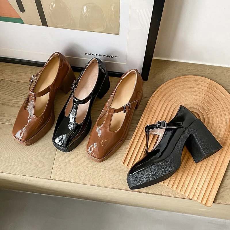 Женские туфли с Т-образным ремешком на толстом высоком каблуке 2021 | Обувь