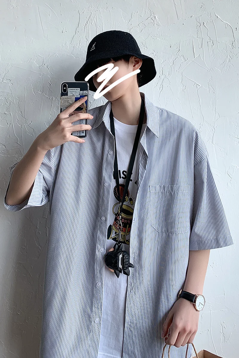 

Summer Striped Shirt Men Streetwear Ins Korean Style Short Sleeve Mens Dress Shirts
