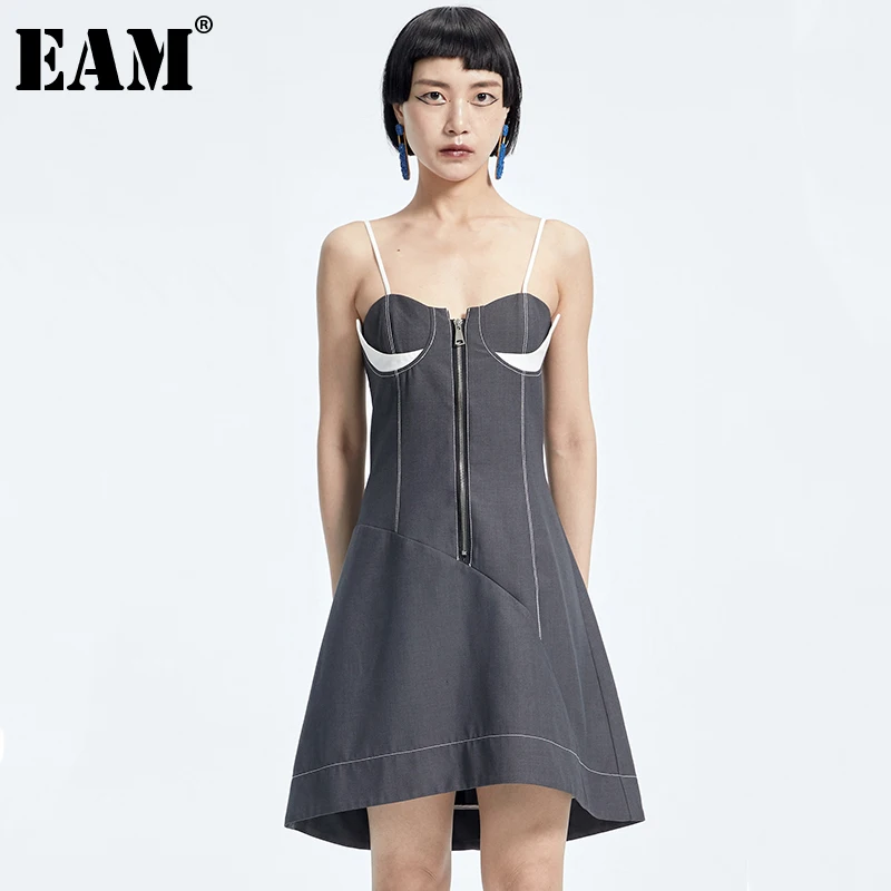 

[EAM] Women Gray Conntrast Color Spaghetti Strap Dress New Sleeveless Loose Fit Fashion Tide Spring Summer 2022 1DD9412