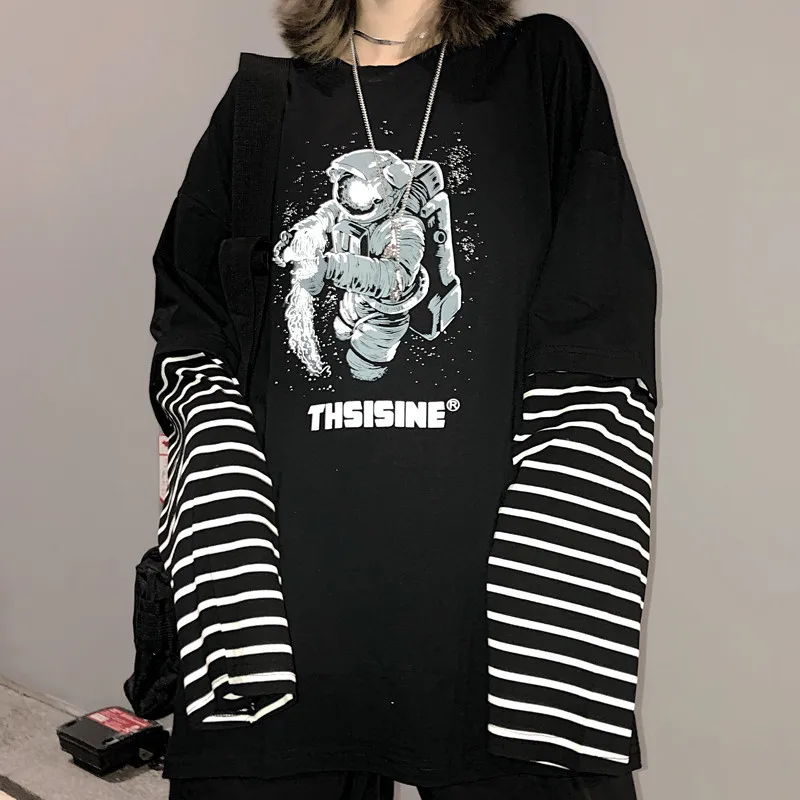 Lychee Girls Astronaut Women T Shirt Top Tee Stripe Fake 2 Pieces Women T-shirts Top Tees Patchwork Crew Neck Women T Shirts