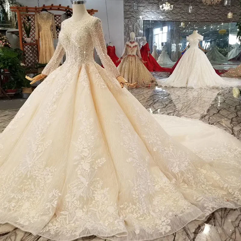 LS11223 Свадебные платья ручной работы с кристаллами цвета шампанского круглым