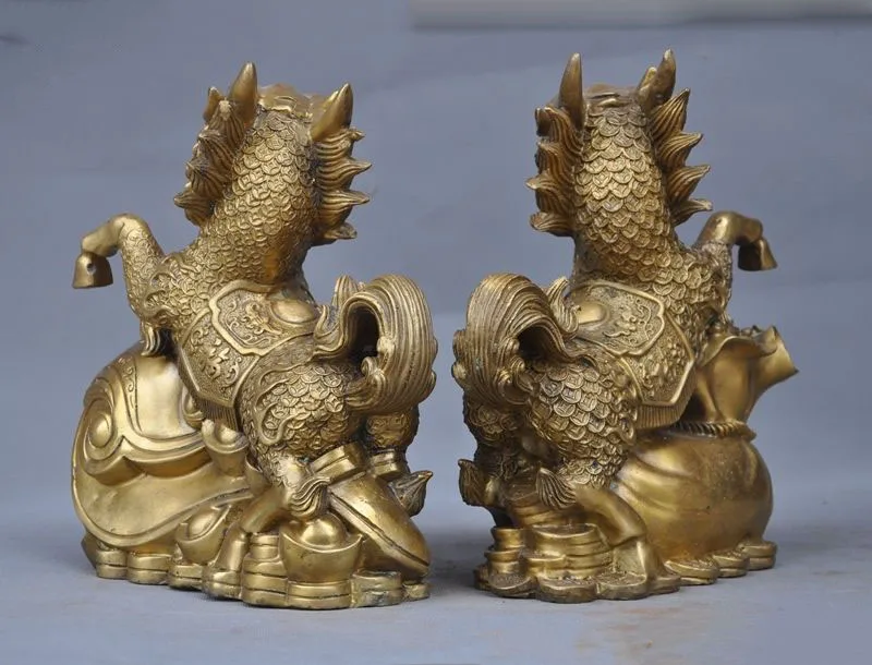

wedding decoration China Fengshui brass wealth moneybag RuYi Kirin Unicorn Kylin Beast statue pair christmas