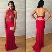20120 new red lace appliques prom dresses halter sleeveless hollow backless with belt sheath evening gowns free shipping